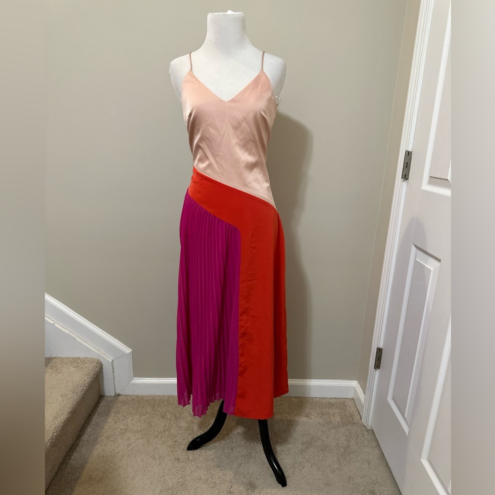 Cushnie Asymmetrical Satin Pleated Color Block Dress in Red & Pink
